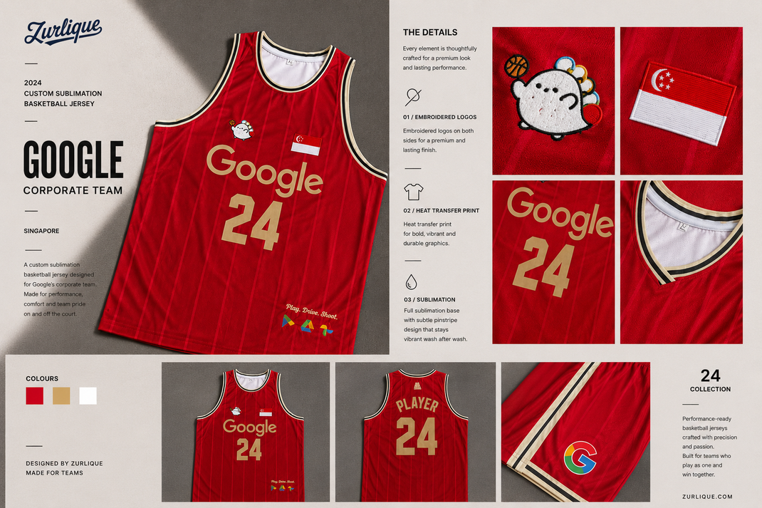 Custom Google corporate team basketball jerseys in Singapore with sublimation printing, embroidered logos, player numbers and premium sportswear finishing.