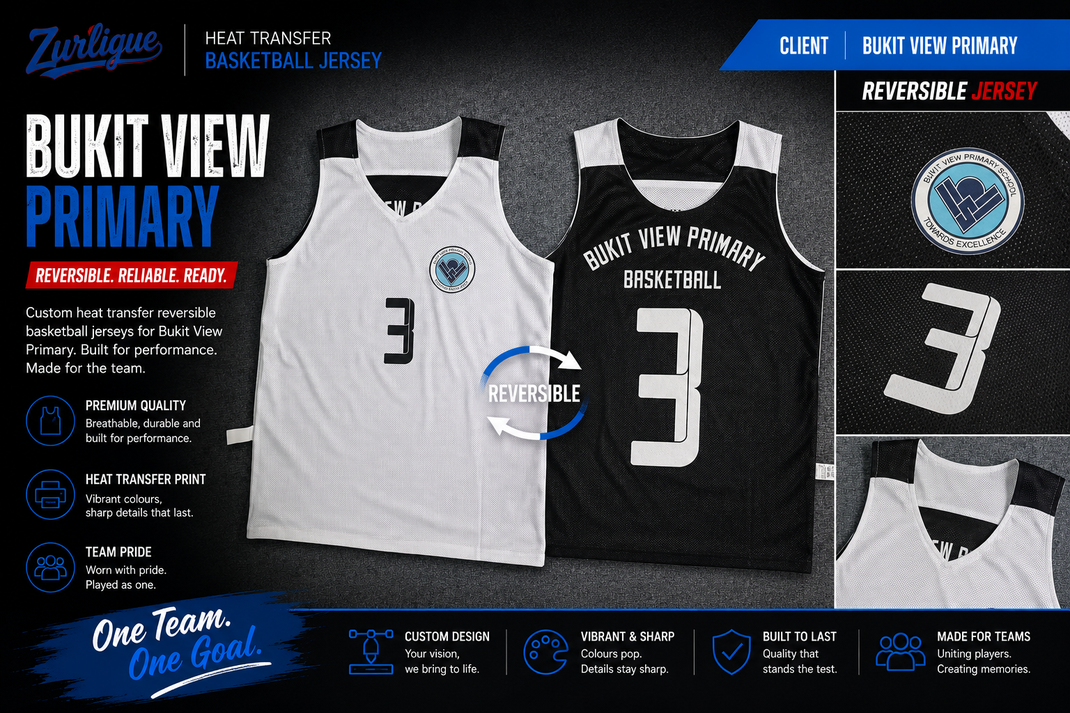 Custom reversible basketball jersey for Bukit View Primary School in Singapore with heat transfer name and number printing