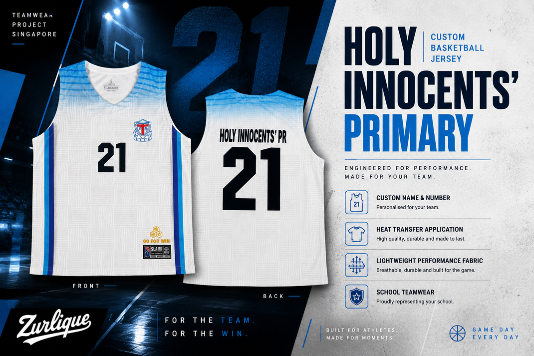 Yio Chu Kang Primary custom basketball jersey presentation board featuring bright green front and back jersey views in premium sports editorial style with dark sports arena background.