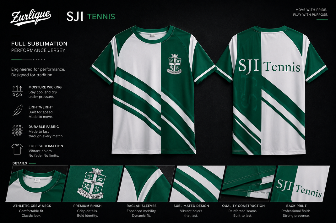 SJI Tennis custom full sublimation jersey in Singapore featuring front and back views with premium sportswear presentation board by Zurlique