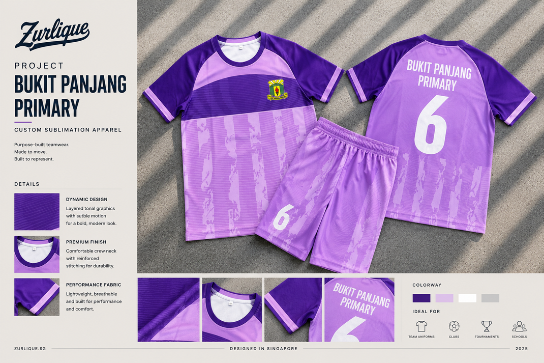 Custom sublimation football jersey for Bukit Panjang Primary School featuring purple gradient tones, tonal abstract graphics, raglan sleeves, and matching shorts by Zurlique Singapore.