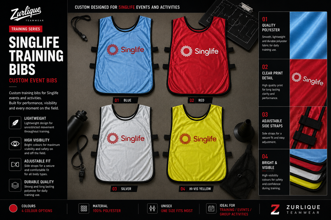 Custom polyester training bibs for Singlife Singapore with logo printing in multiple colours by Zurlique Singapore