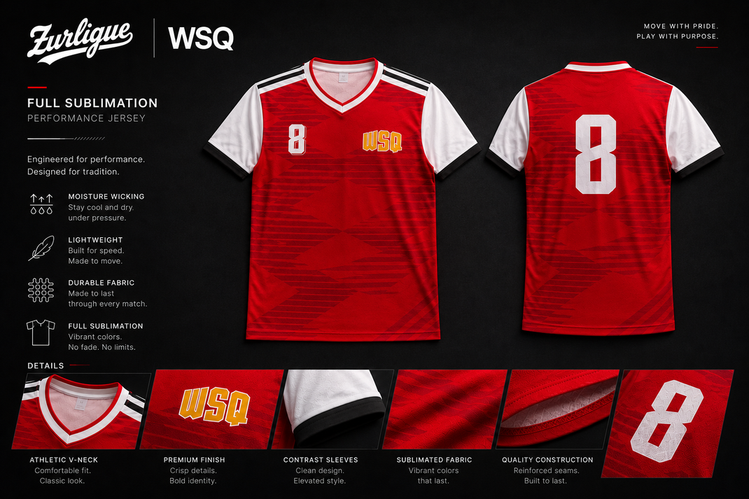 WSQ custom full sublimation football jersey presentation board in Singapore featuring front and back jersey views with premium Descente-inspired layout by Zurlique