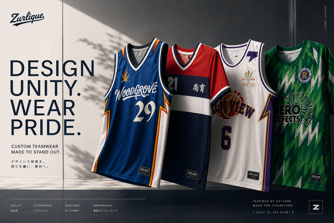 Custom jersey and teamwear portfolio showcase by Zurlique featuring football, basketball, and sublimation uniforms in Singapore