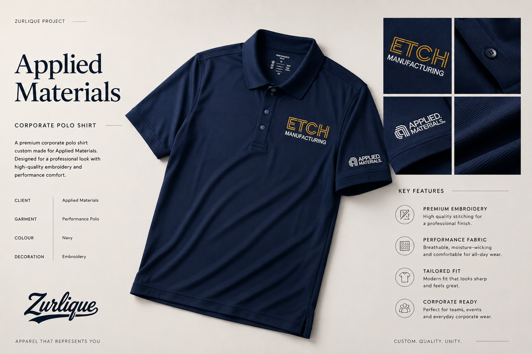 Applied Materials custom navy corporate polo shirt with embroidery and sleeve logo printing by Zurlique Singapore