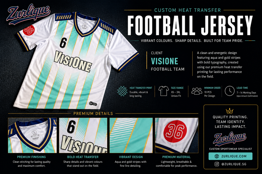 Custom heat transfer football jersey by Zurlique for Visione football team in Singapore featuring aqua stripes, V-neck design and name printing