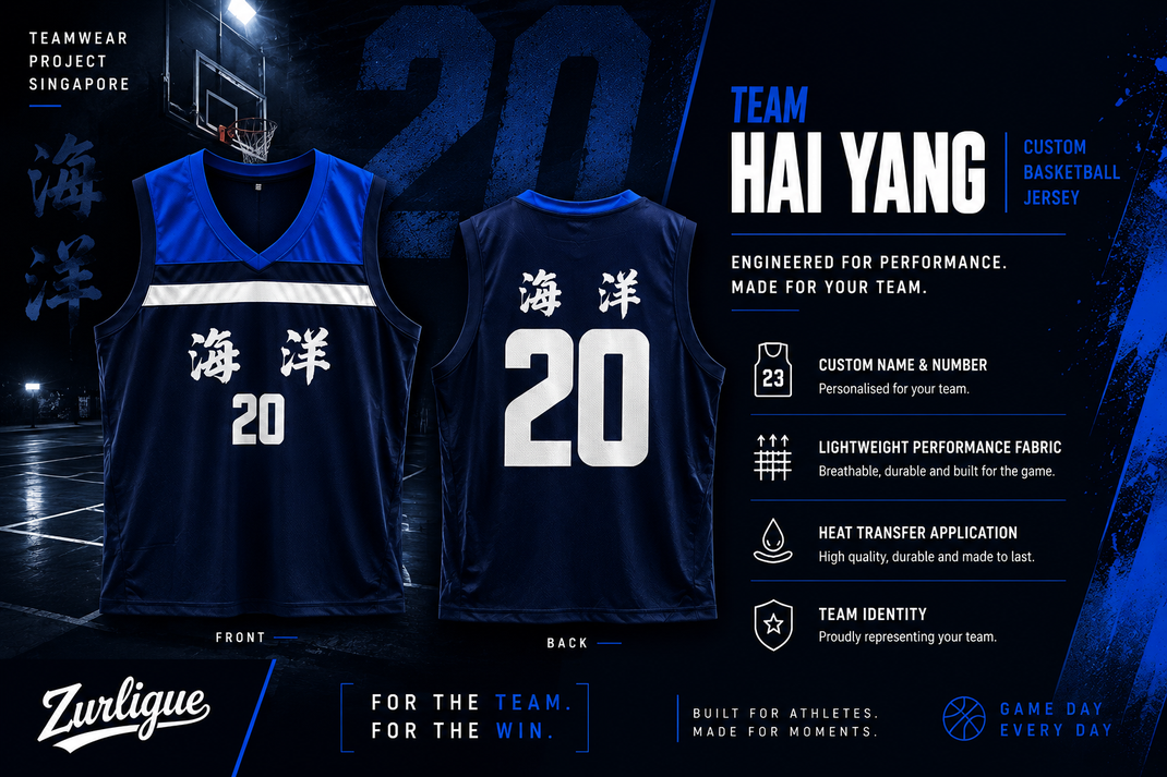 Team Hai Yang custom basketball jersey presentation board featuring navy blue jerseys with front and back views in premium sports editorial style.