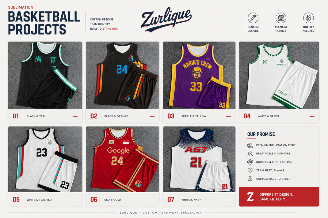 Custom sublimation basketball jersey projects by Zurlique featuring unique teamwear designs for schools, events, and organisations in Singapore
