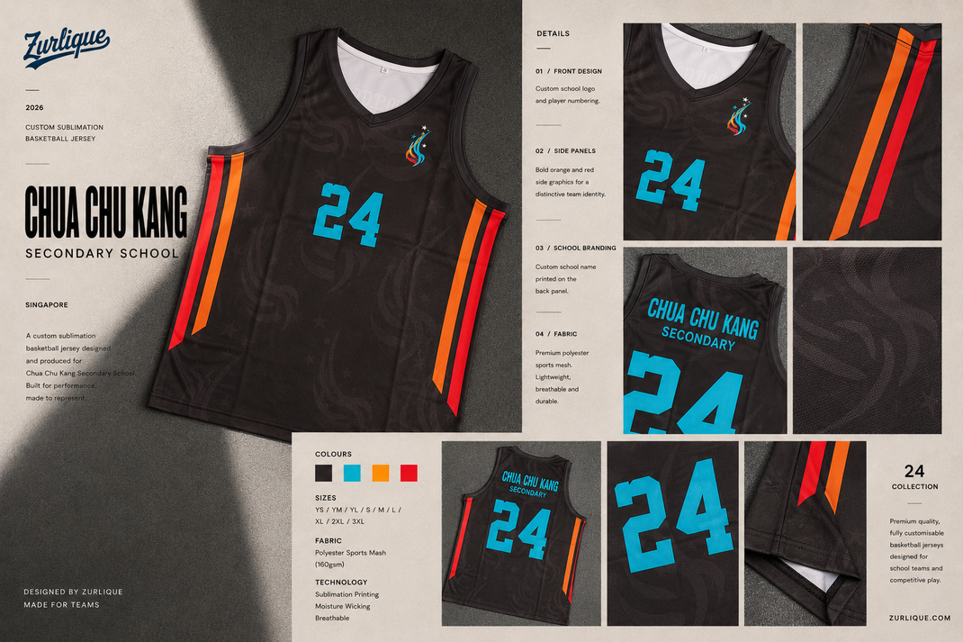 Custom school basketball uniform produced in Singapore using full sublimation printing.