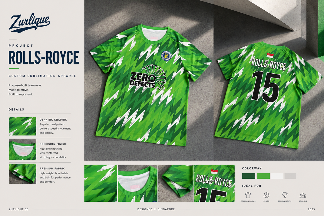 Rolls-Royce custom sublimation football jersey presentation board by Zurlique featuring green lightning-inspired graphics, front and back jersey views, and detailed fabric closeups.