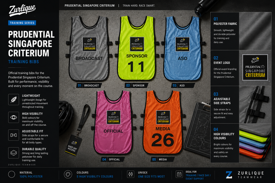 Custom event training bibs for the Prudential Singapore Criterium featuring Broadcast, Sponsor, ASO, Official, and Media bib designs in multiple high-visibility colours presented in a premium sports editorial posterboard style by Zurlique Teamwear.