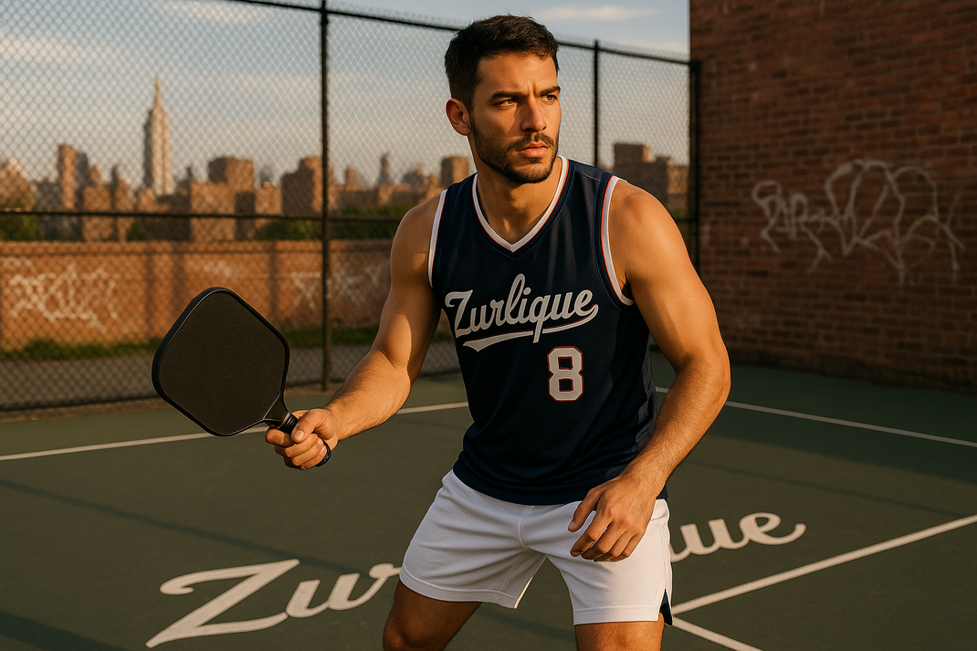 Male athlete playing pickleball on an outdoor NYC court wearing a Zurlique custom jersey