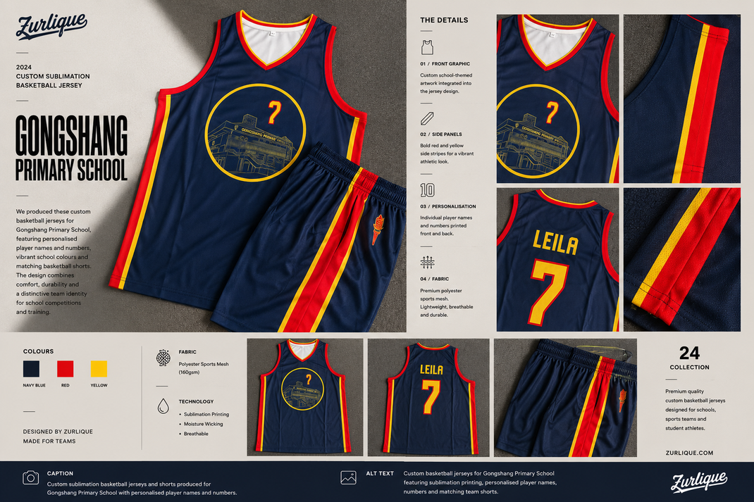 Custom sublimation basketball jerseys for Gongshang Primary School Singapore with personalised player names, numbers and matching team shorts.