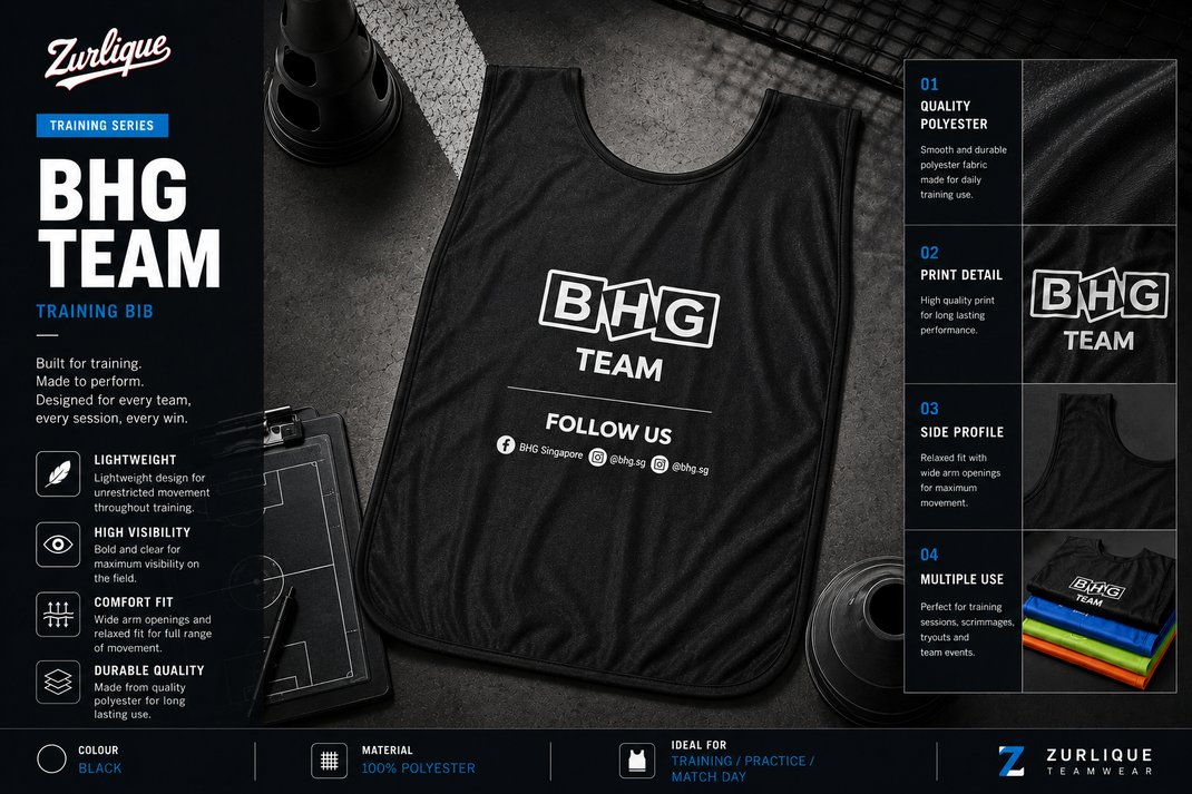 Custom black polyester training bib for BHG Team presented in a premium sports editorial posterboard design by Zurlique Teamwear.
