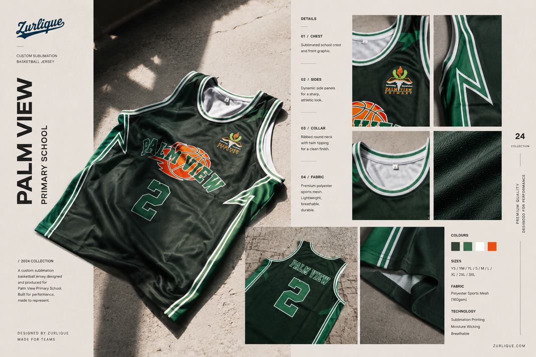Custom sublimation basketball jersey for Palm View Primary School featuring school crest, basketball-themed artwork, player number and full-colour sublimation printing by Zurlique Singapore