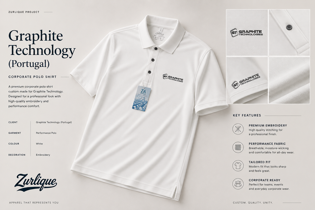 Graphite Technology Portugal custom white corporate polo shirt with embroidered logo by Zurlique Singapore
