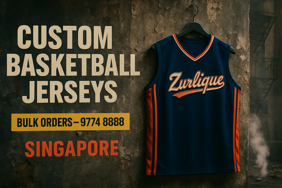 Zurlique custom basketball jersey in navy and orange hanging against gritty concrete wall with bold text – Custom Basketball Jerseys Singapore