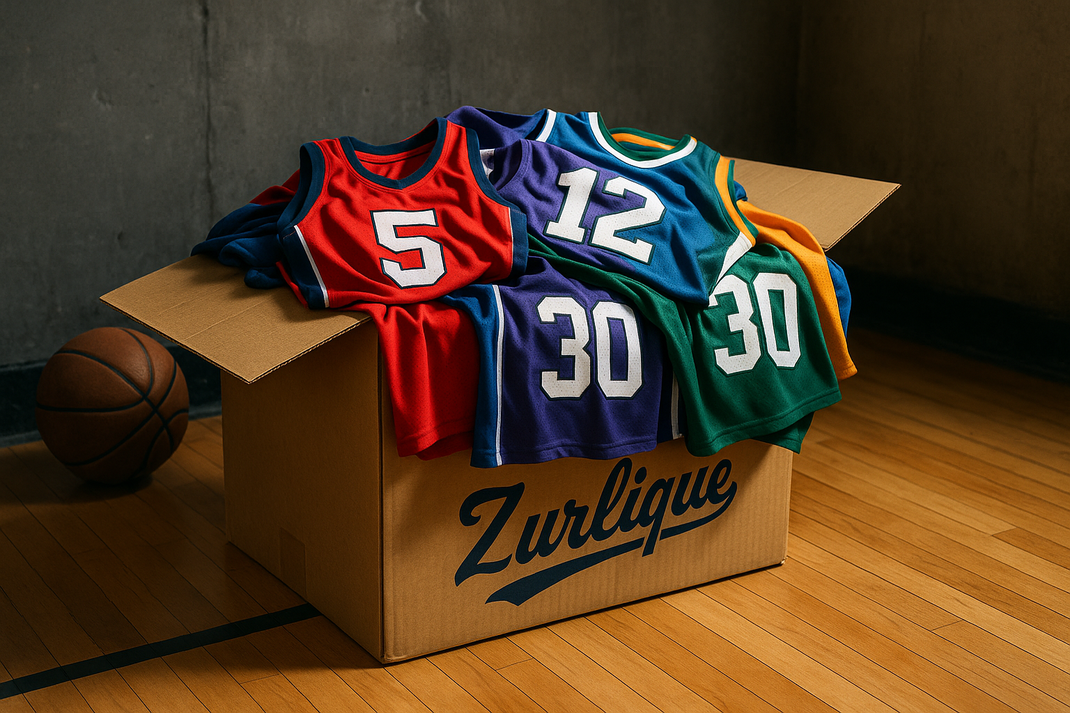 Cardboard box overflowing with colorful custom basketball jerseys on gym floor with Zurlique logo