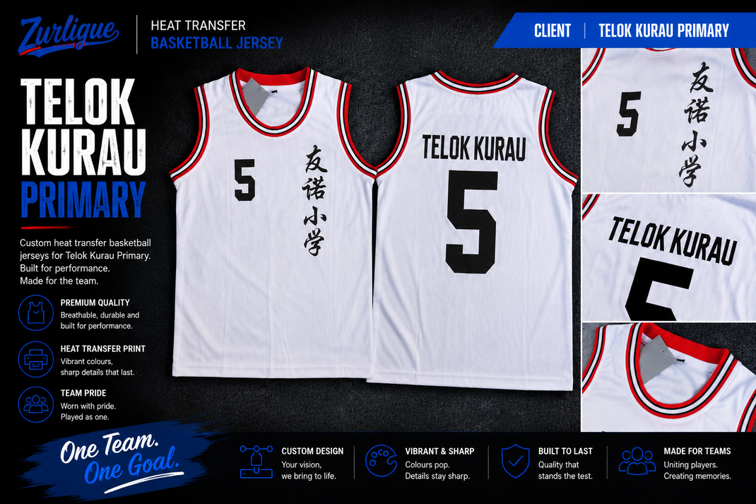 Custom heat transfer basketball jersey for Telok Kurau Primary School in Singapore with player name and number printing