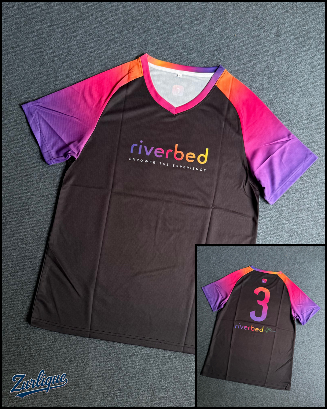 Custom sublimation jersey showing front logo and back number design and gradient sleeve