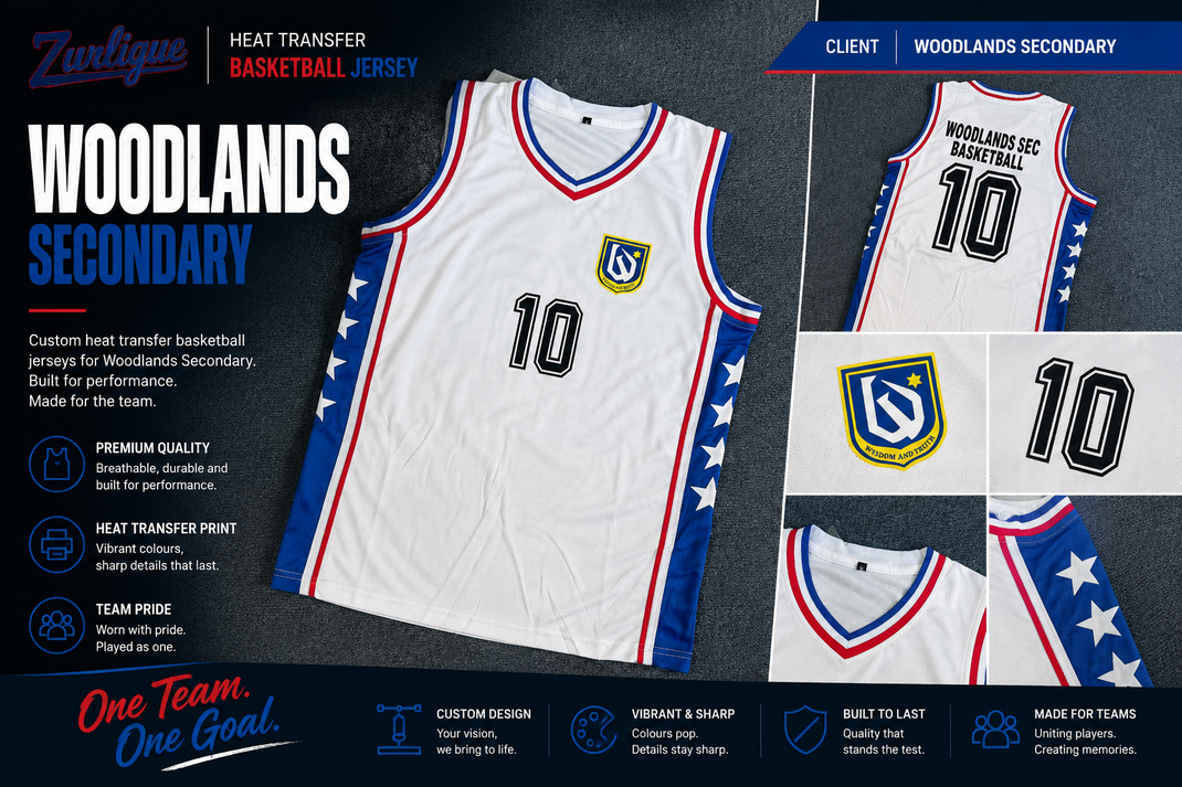 Custom heat transfer basketball jersey for Woodlands Secondary School in Singapore with player name and number printing