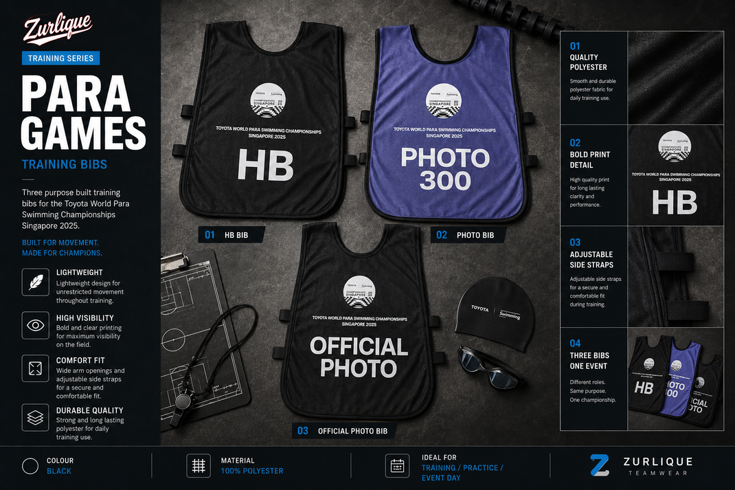 Custom event training bibs for the Toyota World Para Swimming Championships Singapore 2025 featuring HB, Photo, and Official Photo bib designs presented in a premium sports editorial posterboard style by Zurlique Teamwear.