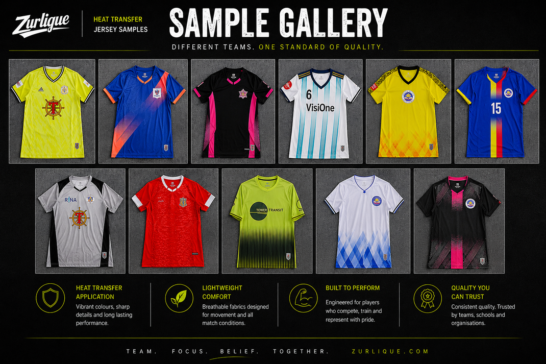 Custom heat transfer jersey sample gallery featuring school, corporate, and team sports jerseys by Zurlique
