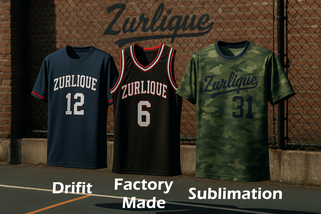 Zurlique ready-made jersey, basketball jersey, and full sublimation jersey displayed outdoors against an urban sports court backdrop
