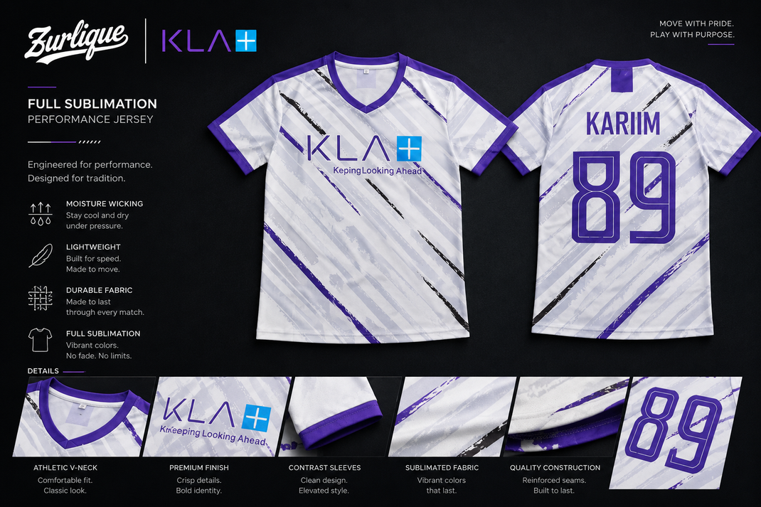 KLA custom full sublimation football jersey and shorts set presentation board in Singapore featuring front and back views with premium sportswear editorial layout by Zurlique