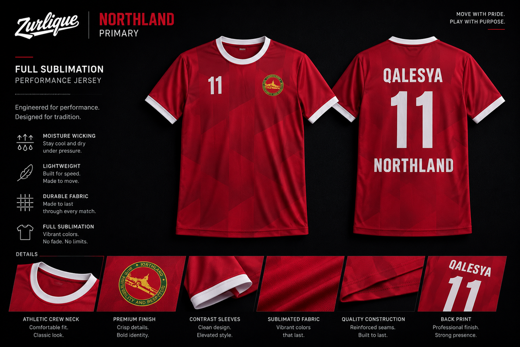Northland Primary custom full sublimation football jersey in Singapore featuring front and back views with premium sportswear presentation board by Zurlique