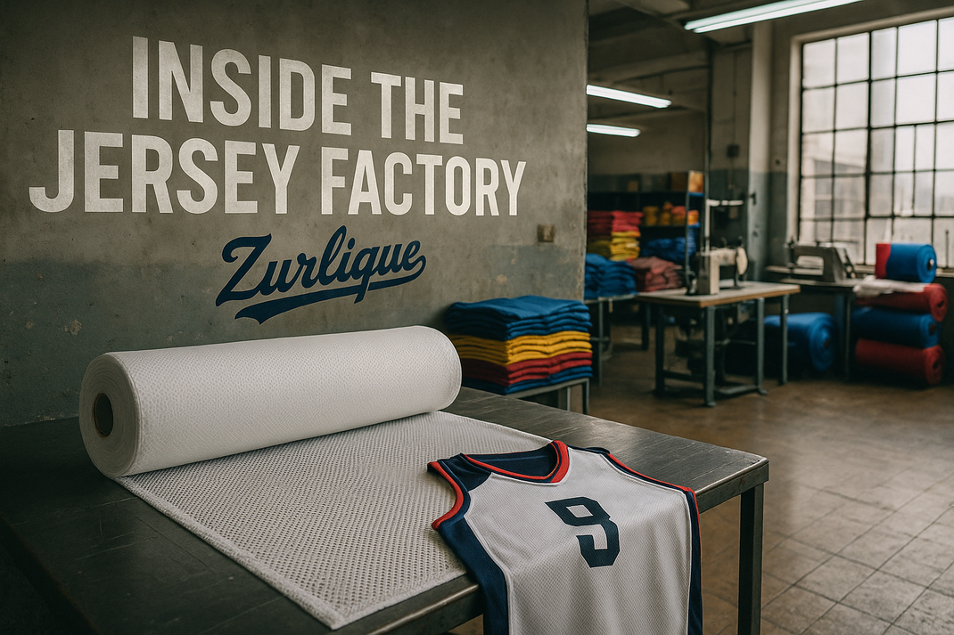 Inside a basketball jersey garment factory with fabric rolls, stacked jerseys, and Zurlique logo on wall