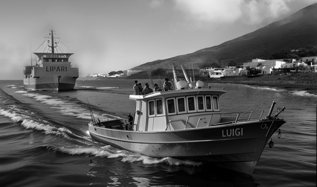 The Lipari anchors off Stromboli. The passengers are picked out and transferred to a fishing boat and taken ashore. In 1974 there was still no pier on Stromboli. 