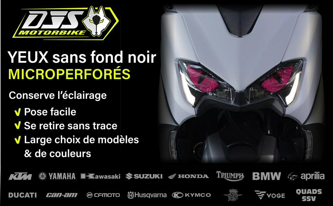 Caches phares moto microperforés effet yeux sans fond noir – compatibles KTM Yamaha Honda BMW Aprilia Suzuki etc