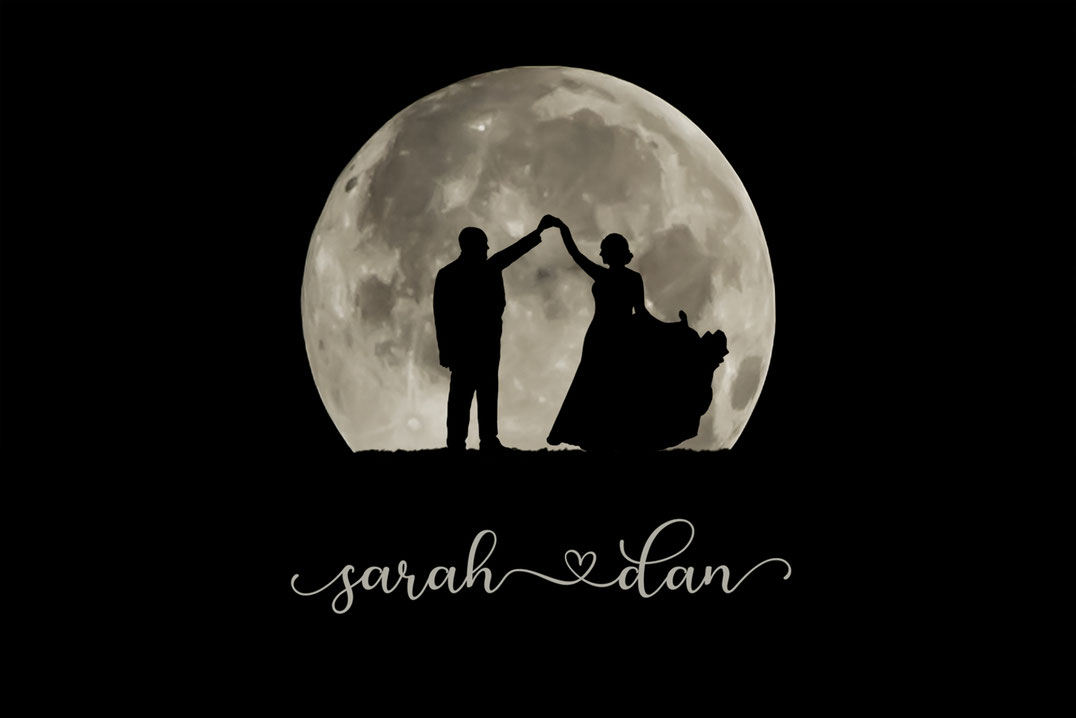 Bride and groom in silhouette in front of a large full moon. Bride is wearing a dress. Groom is wearing a suit. They are dancing.