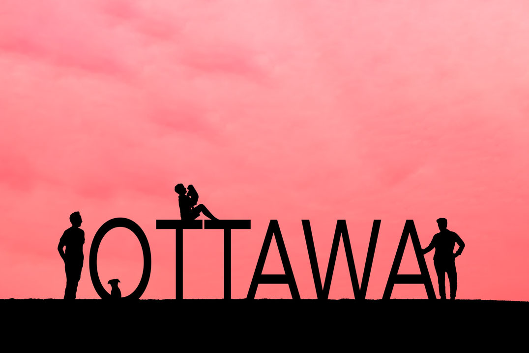 Pink sky with silhouettes of a two mom, two dog, one child family and the word ottawa in block letters. Son is holding one dog. 