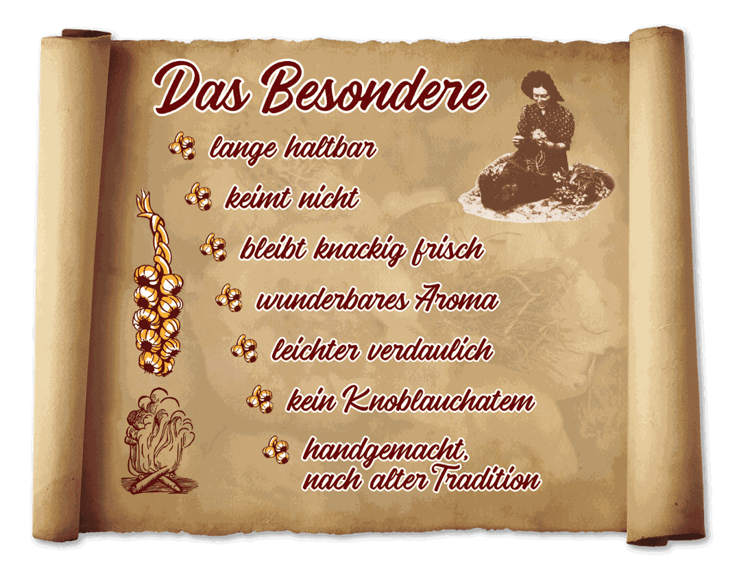 Knoblauch; geräuchert; Ail; fume; fumé; Vorteile; haltbar; keimt; knackig; Aroma; handgemacht; Tradition; Nordfrankreich; Knobi; Knolle: Kibu; Kibü; KibüWürze