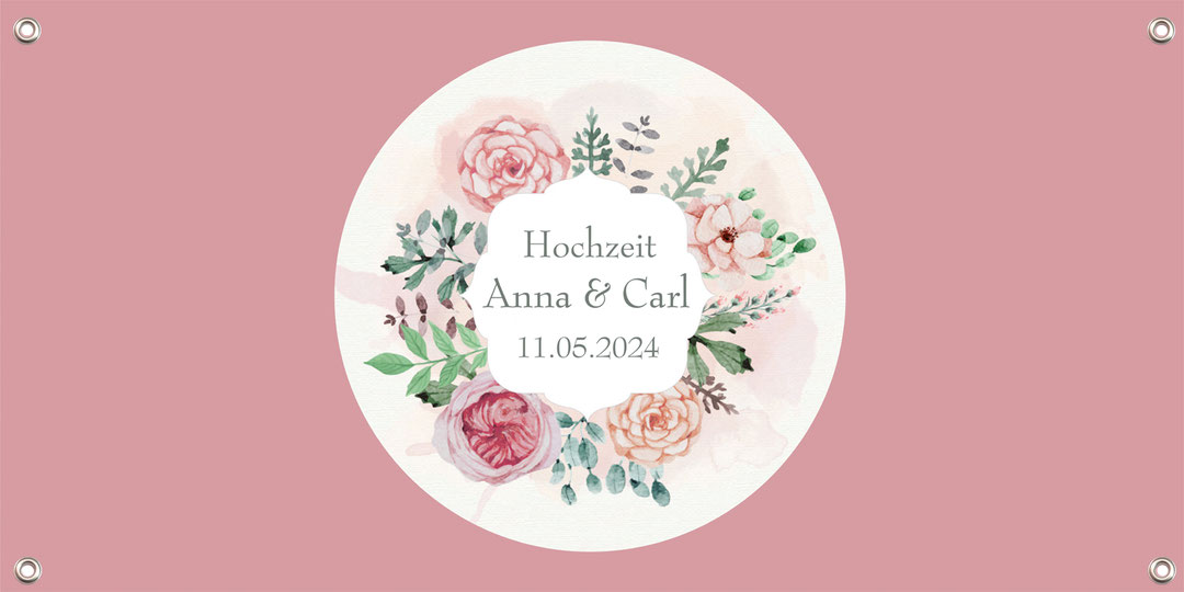 Banner zur Hochzeit 100 x 50 cm - mit runden Blumenkranz aus rosa Rosen in der Mitte, Hintergrundfarbe Altrosa, personalisierbar mit Wunschtext, wie Name und Datum