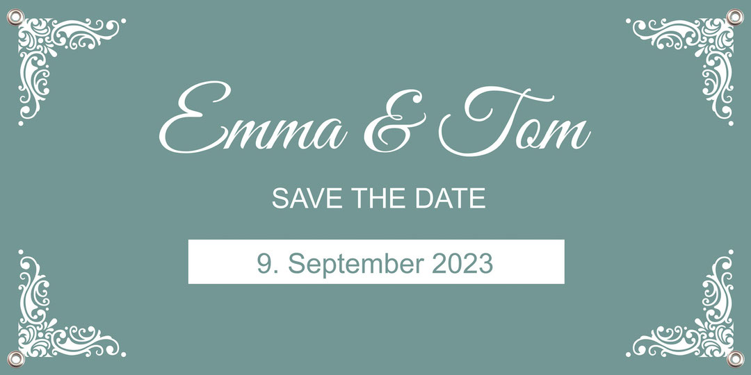 Banner zur Hochzeit 100 x 50 cm - Save the Date - Weiße Ornamente - Eukalyptusgrün, mit Wunschtext personalisierbar, Nachhaltige PVC-freie Banner -  die umweltfreundliche Alternative zu herkömmlichen Bannern aus Kunststoff und PVC