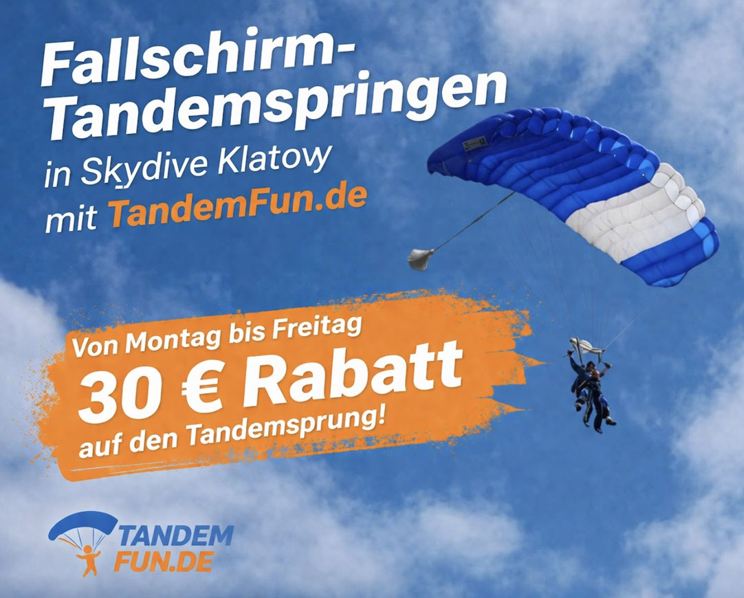 Spare beim Tandemsprung 30 Euro von Montag bis Freitag in Klatovy bei den Rabatt Tagen