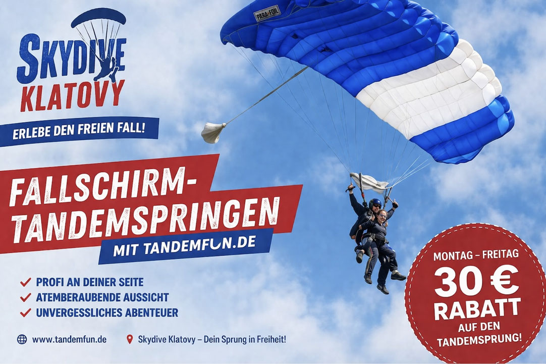 Sparpreis von Montag bis Freitag - Tandemsprung günstig in Klatovy aus 4300m mit Rabatt