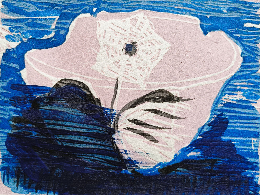 BROKEN BOWL ON ICE. 2024, linocut & relief print, ink drawing on handmade paper, DIN A4 , unique piece