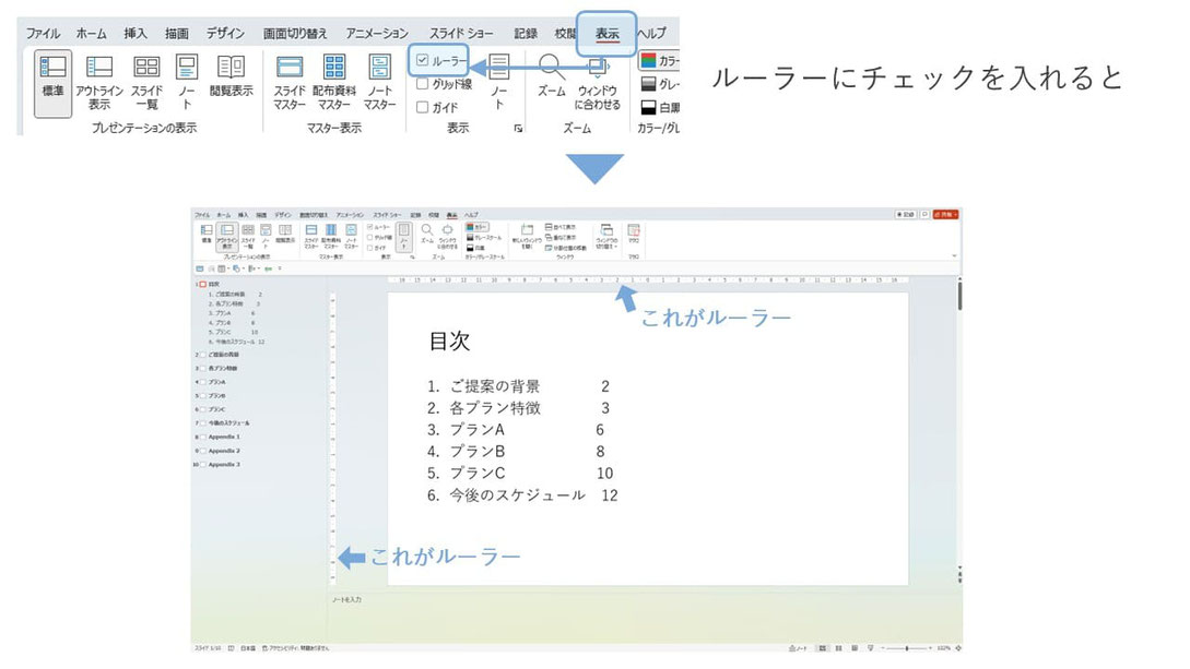 パワーポイントでテキストがうまく揃わない時はTabキーを活用しましょう。