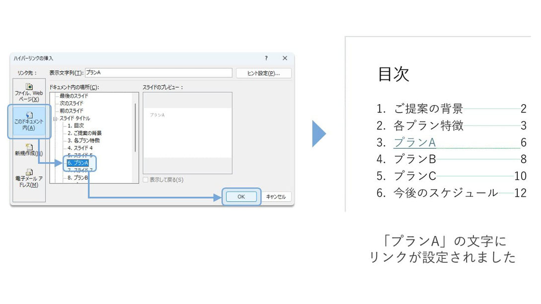 プレゼン中に目次から指定したスライドに飛ぶ方法は簡単にできます。