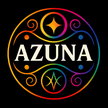 AZUNA – Kreatives Logo im Regenbogen-Kreisdesign. Rundes, buntes Logo mit Regenbogen-Verlauf, Ornamenten und der Aufschrift ‚AZUNA‘ – modernes, künstlerisches Markenzeichen.