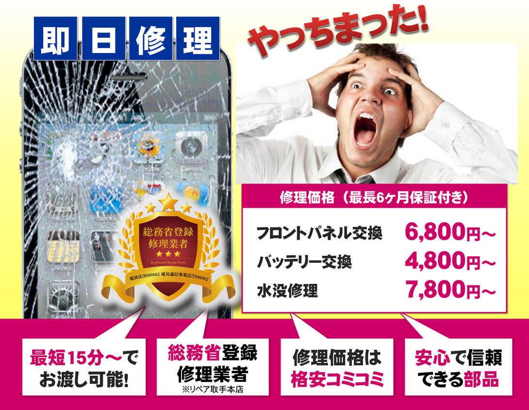 スマホ修理の即日対応、フロントパネル交換、バッテリー交換、水没修理の料金目安を案内するヘッダーバナー。画面割れしたiPhoneと驚く人物の写真が配置されている。