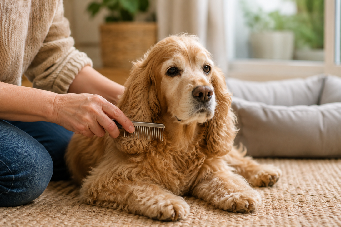 Älterer Cockerspaniel liegt entspannt auf einem Teppich und wird in gemütlicher Wohnatmosphäre gekämmt.