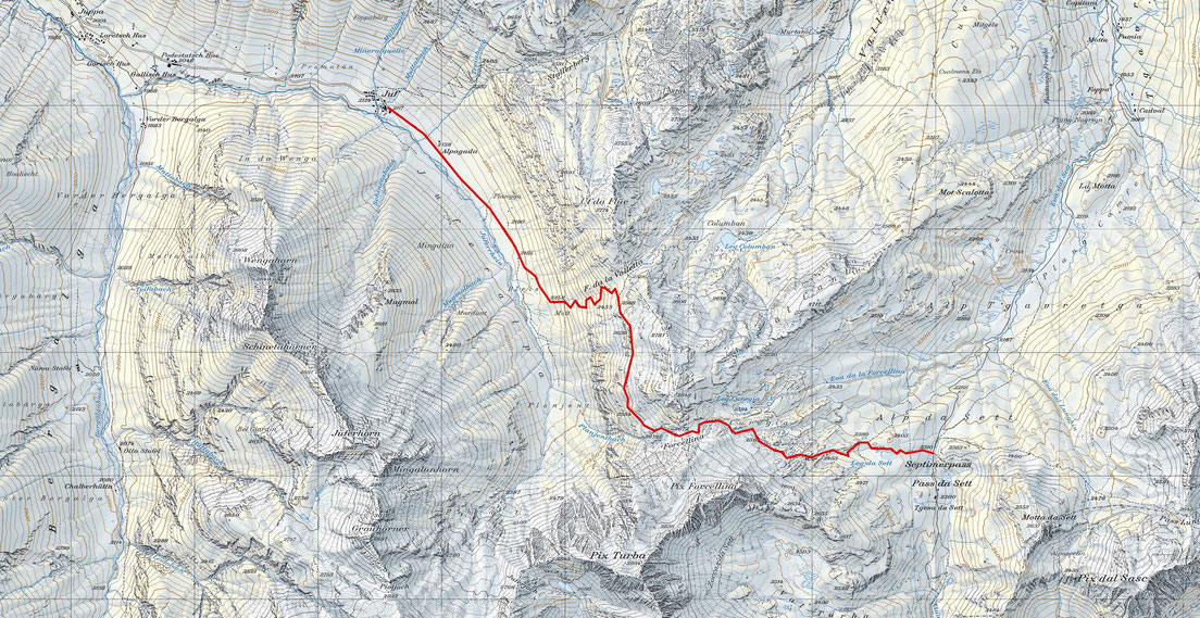 Die Wanderung von Juf zum Septimerpass (Distanz: 5.5 km, Höhendifferenz, ca. 600m) führt mitten hinein in die ehemaligen Ozeanbodengesteine der Platta Decke.