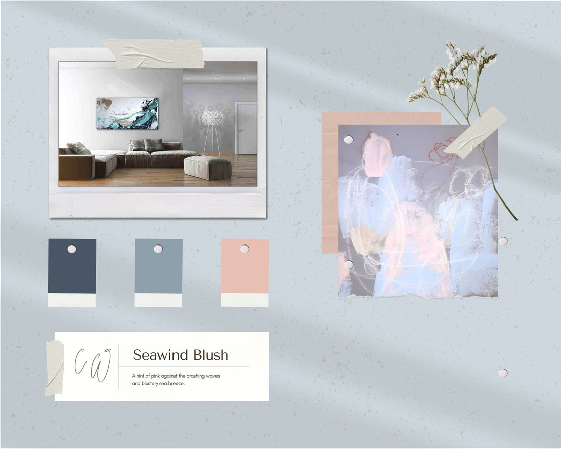 moodboard Wandfarbe und hellblaue Bilder