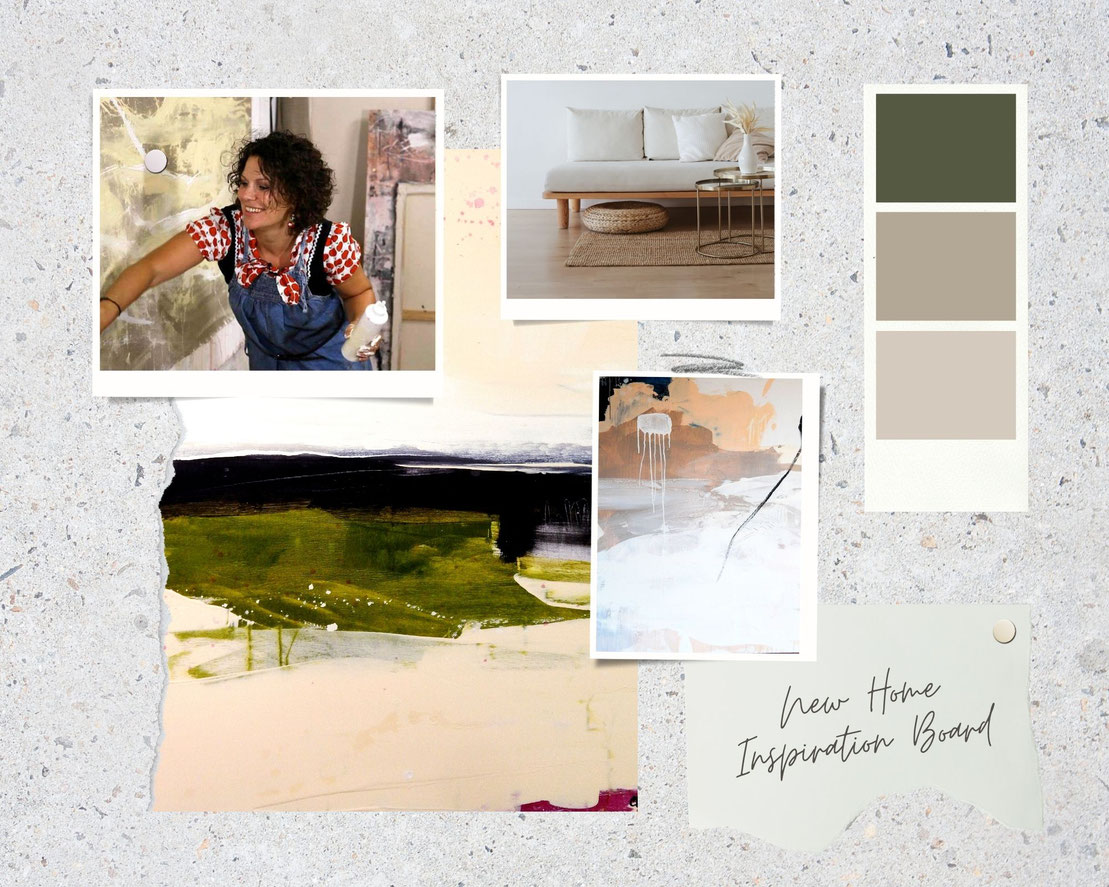 moodboard Wandfarbe und grüne beige Bilder