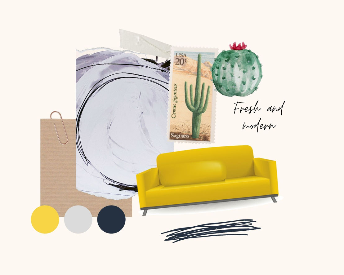 moodboard Wandfarbe und gelbe Bilder